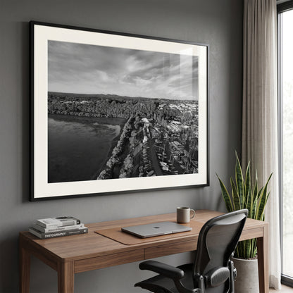 Inspiration Point Aerial Harbor View Manly Brisbane Black and White Print