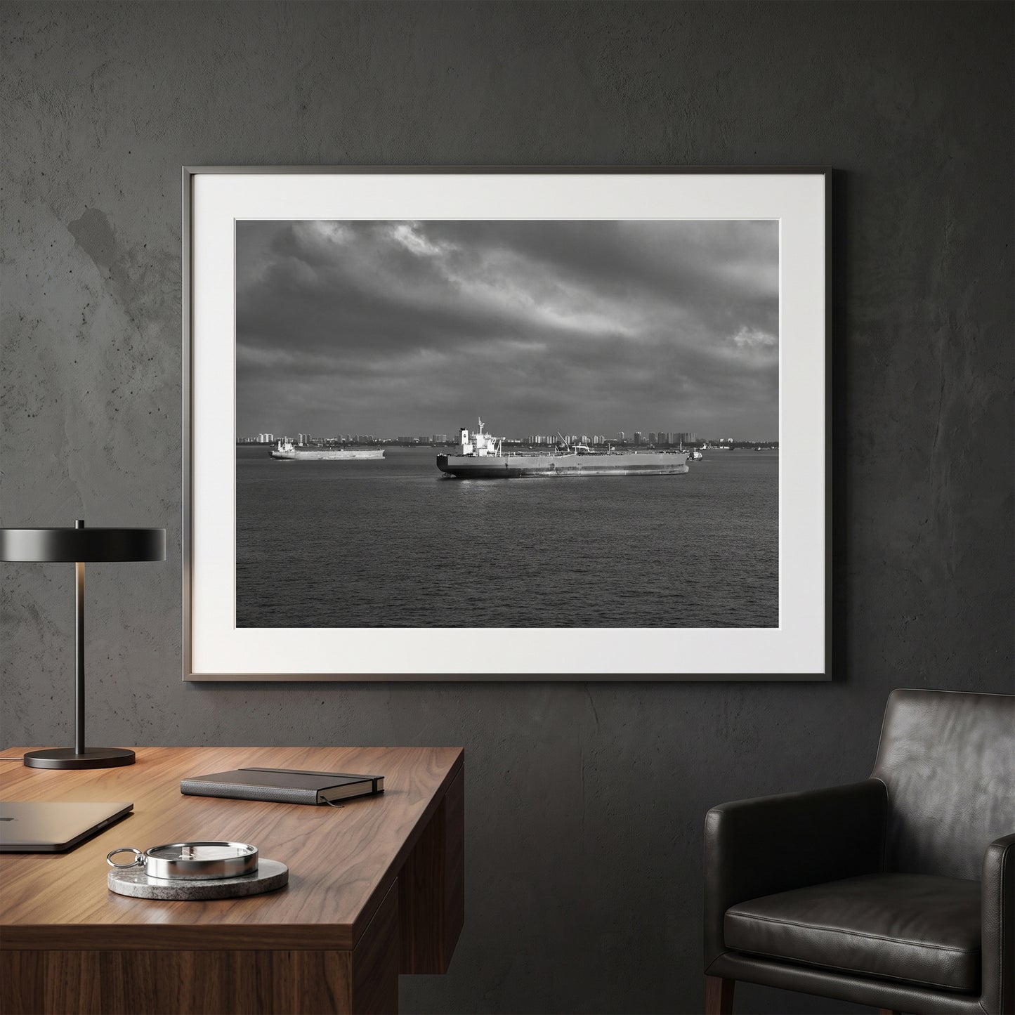 Ships In Singapore Harbour Black and White Print