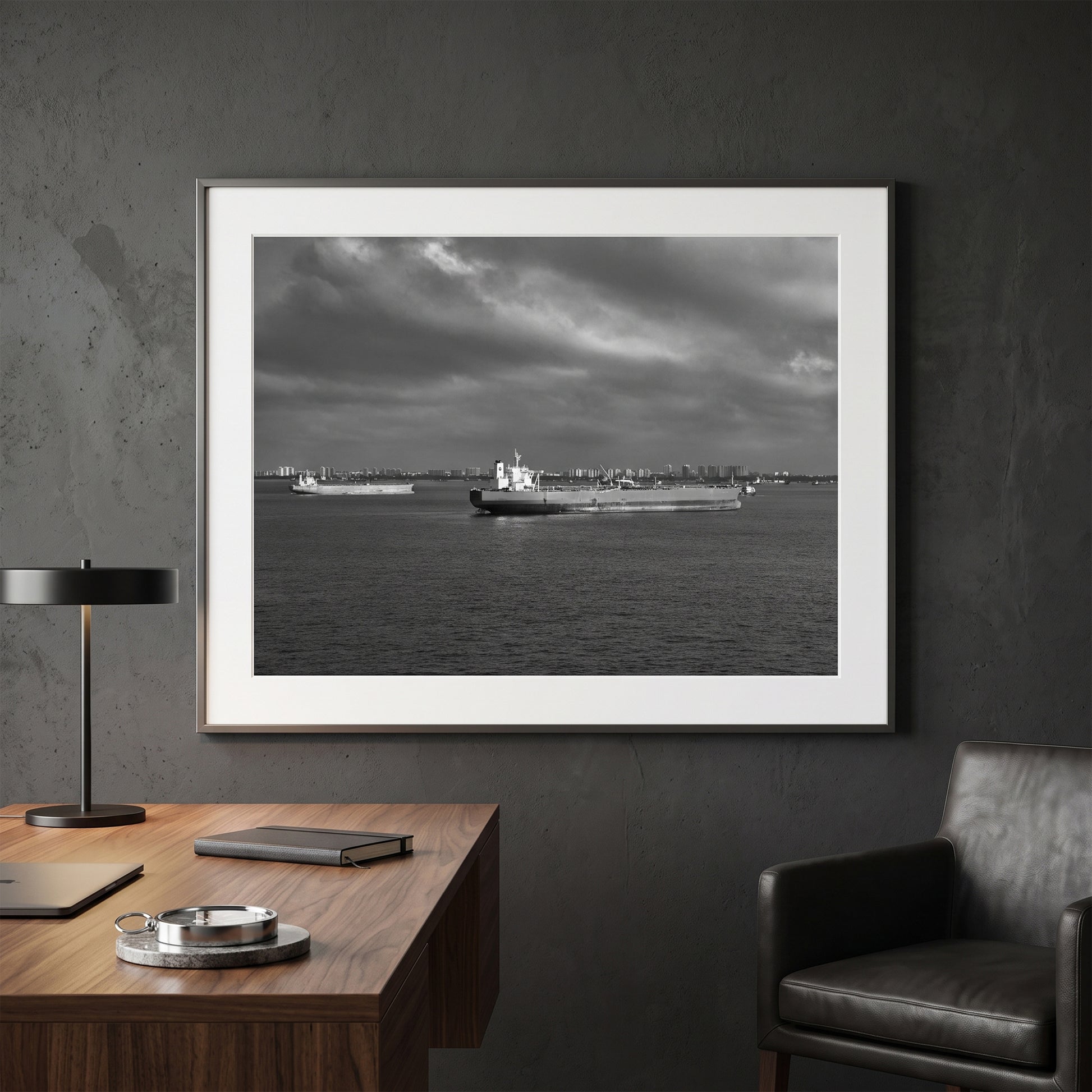 Ships In Singapore Harbour Black and White Print