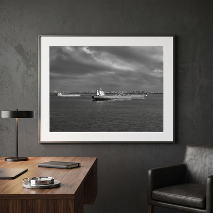 Ships In Singapore Harbour Black and White Print
