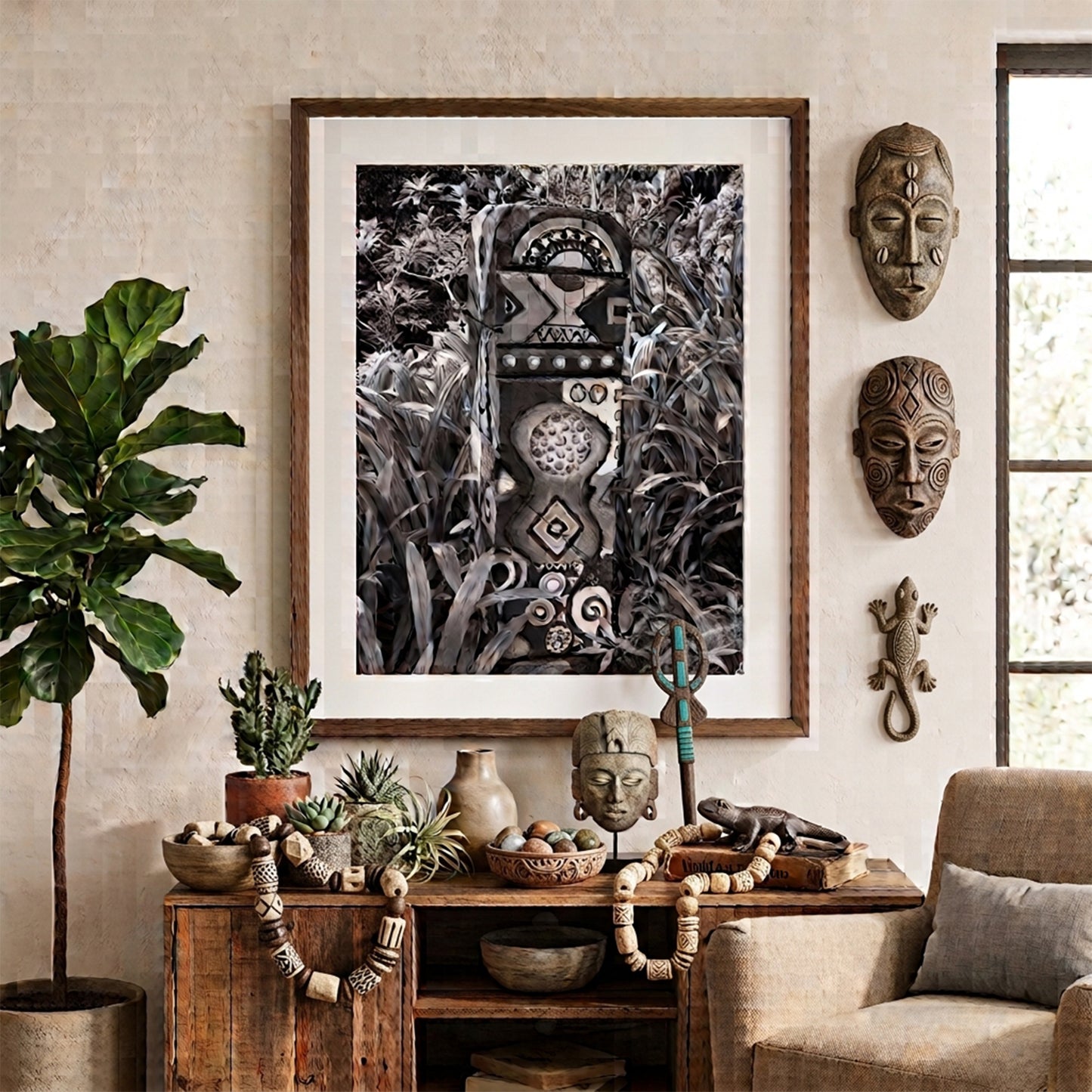 Painted Wooden Totem in Lush Garden Black and White Print