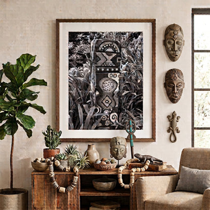 Painted Wooden Totem in Lush Garden Black and White Print