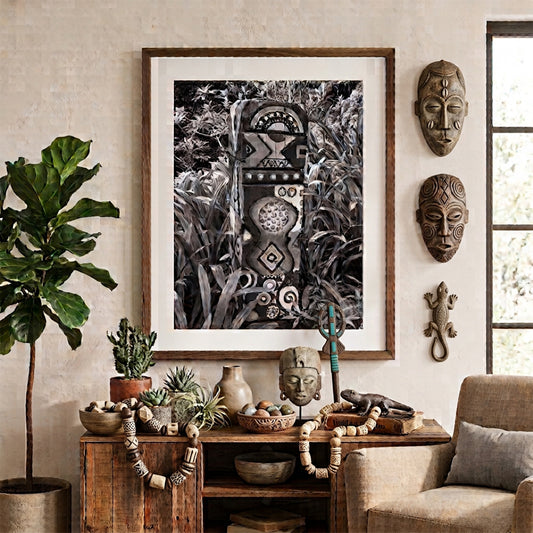 Painted Wooden Totem in Lush Garden Black and White Print