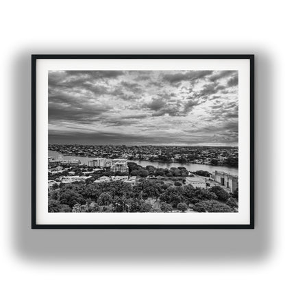 Aerial View of New Farm Brisbane Black and White Print