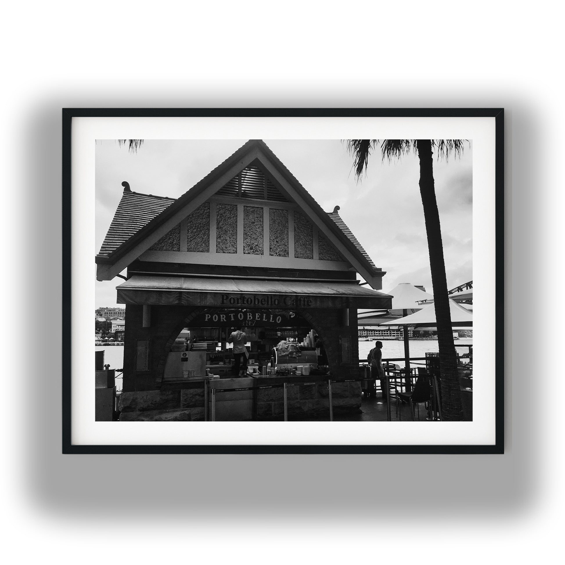 Portobello Caffe Waterfront Kiosk Black and White Print
