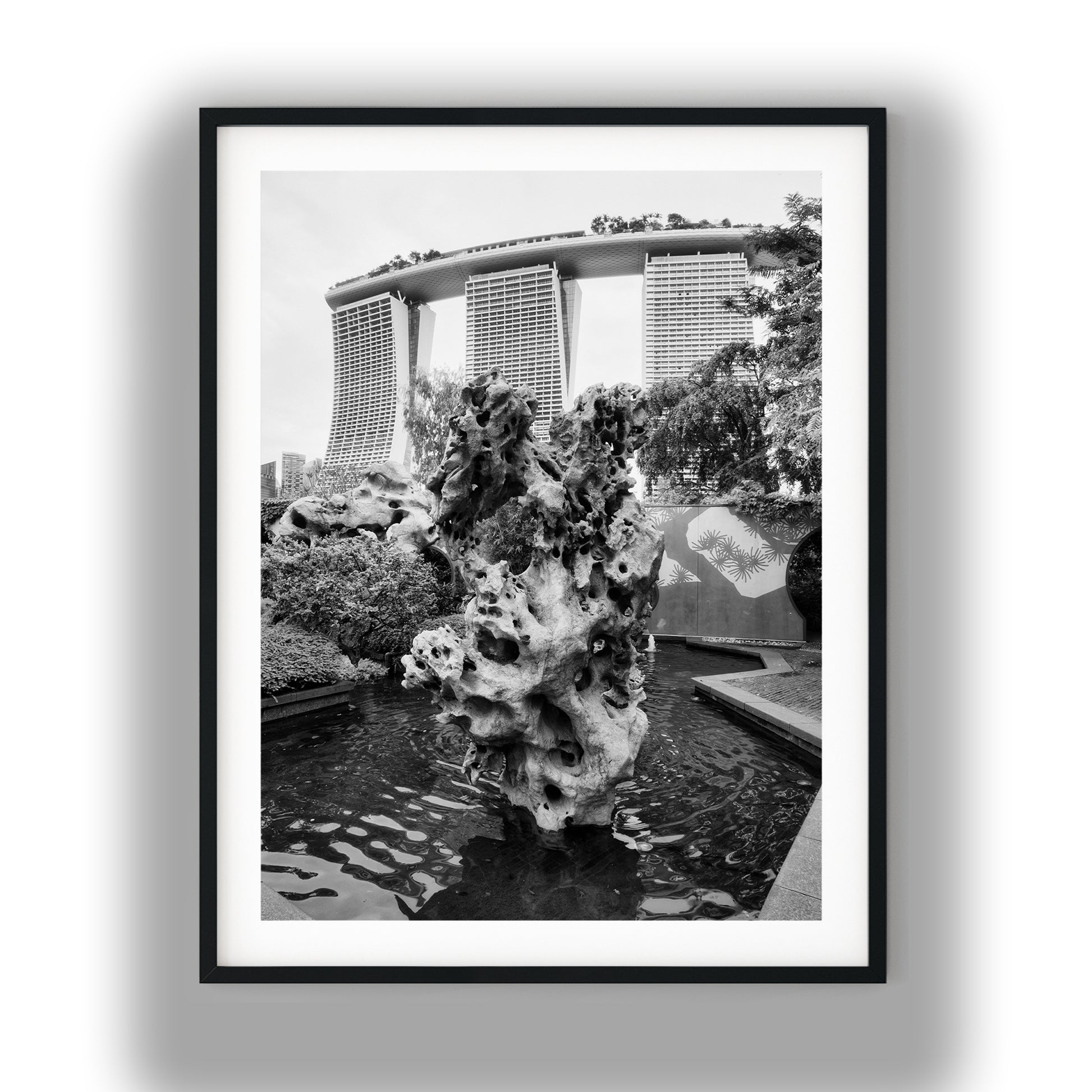 Marina Bay Sands Behind Scholar's Rock Black and White Print