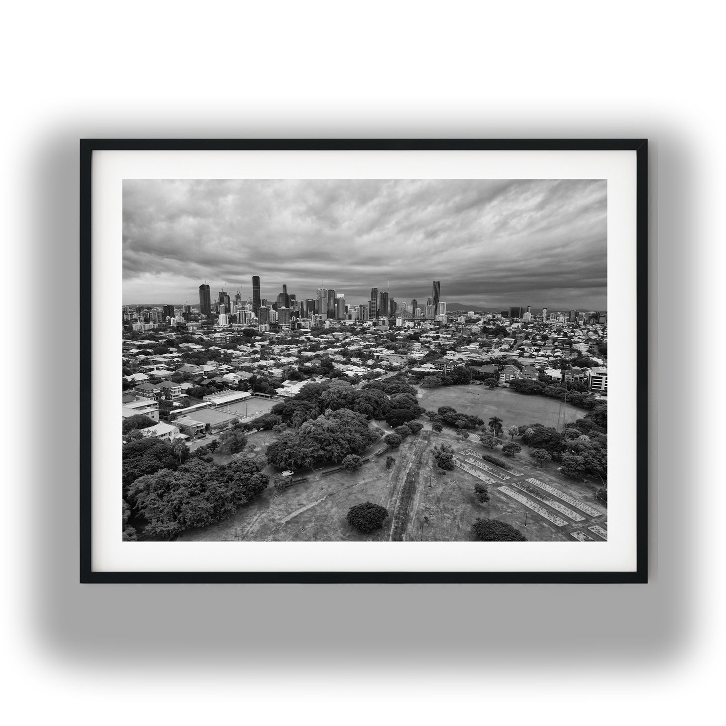 Aerial Brisbane City Skyline and New Farm Park Black and White Print