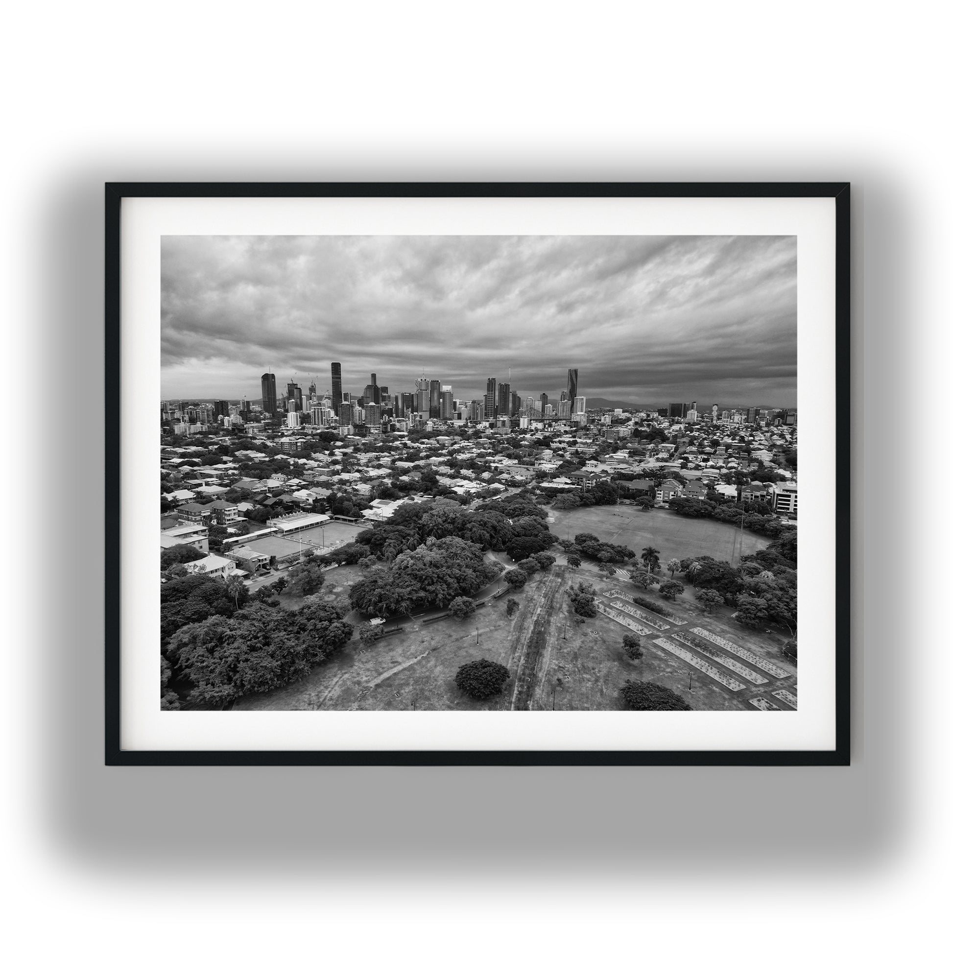 Aerial Brisbane City Skyline and New Farm Park Black and White Print