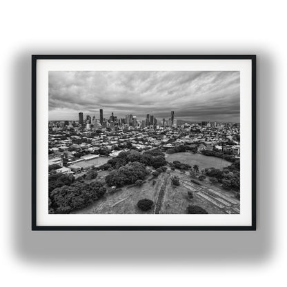 Aerial Brisbane City Skyline and New Farm Park Black and White Print