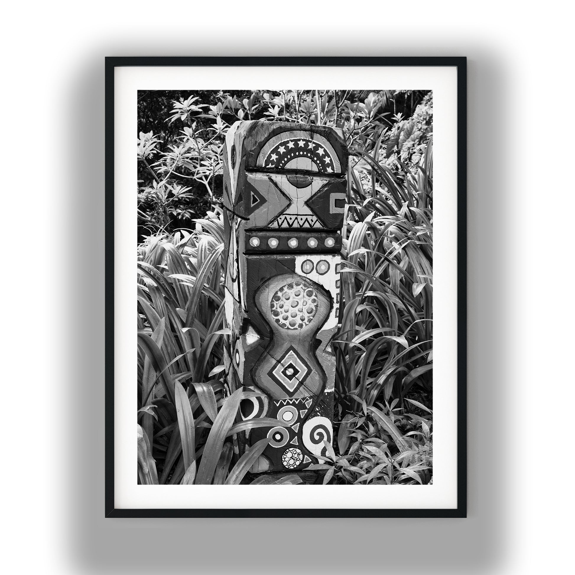 Painted Wooden Totem in Lush Garden Black and White Print