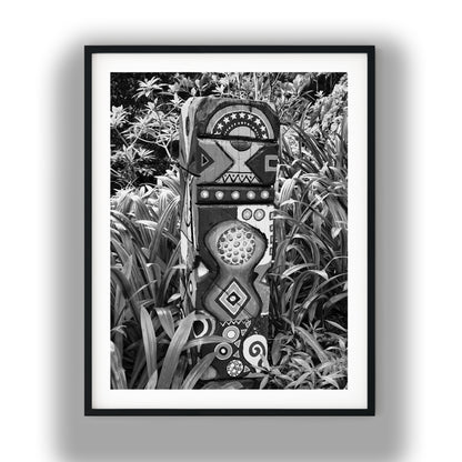 Painted Wooden Totem in Lush Garden Black and White Print