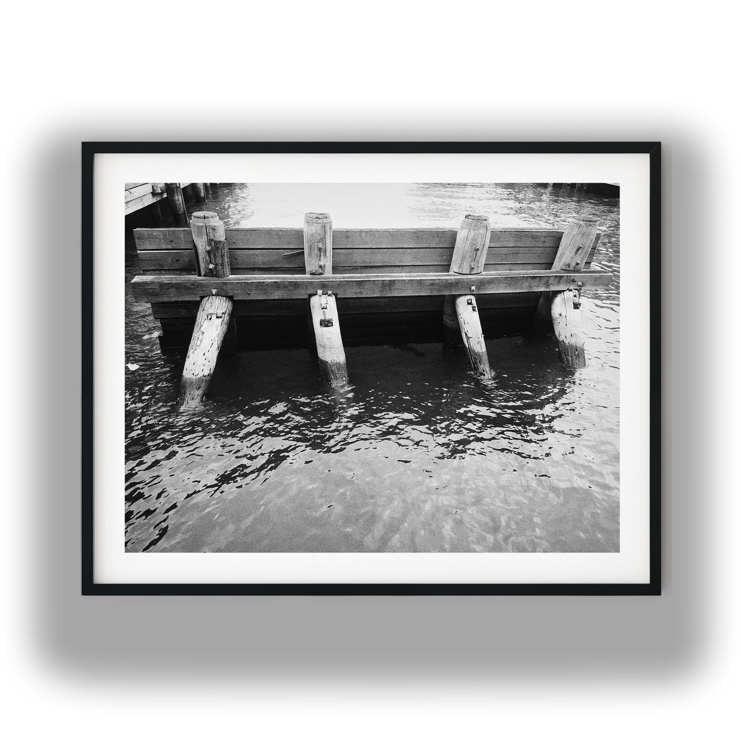 Rustic Wooden Pier Pilings in Water Black and White Print
