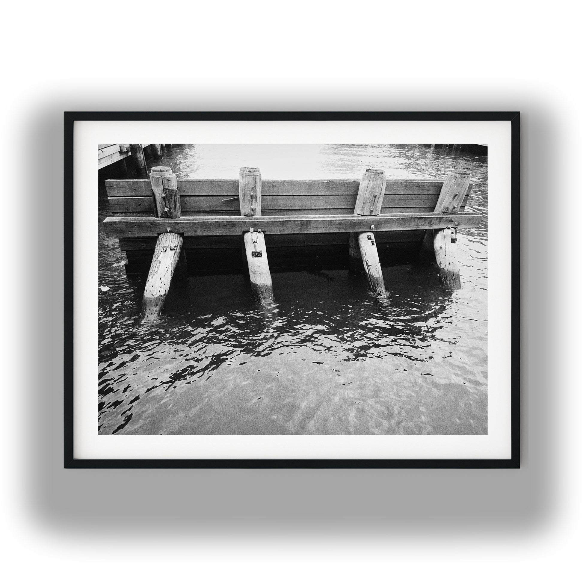 Rustic Wooden Pier Pilings in Water Black and White Print