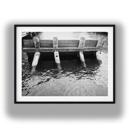 Rustic Wooden Pier Pilings in Water Black and White Print
