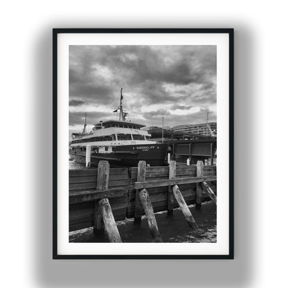 Queenscliff Sydney Ferry at Wharf Black and White Print
