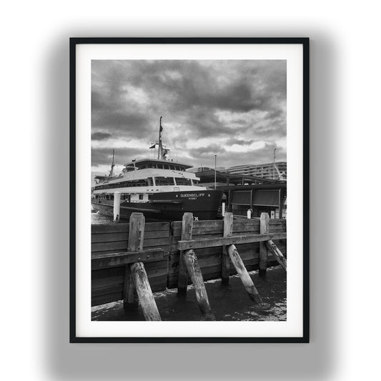 Queenscliff Sydney Ferry at Wharf Black and White Print