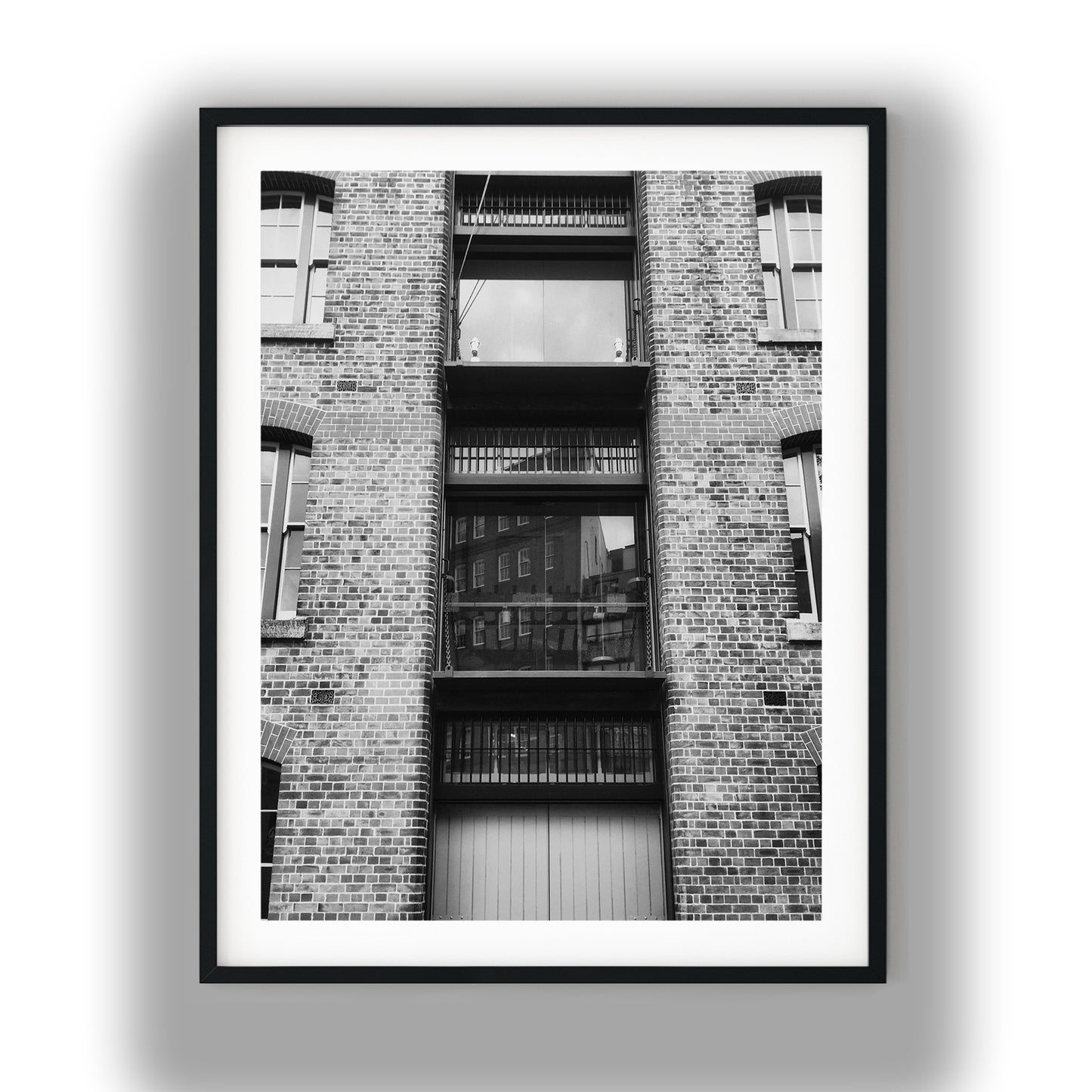 Industrial Brick Warehouse Facade Black and White Print