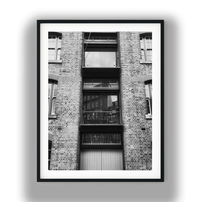 Industrial Brick Warehouse Facade Black and White Print