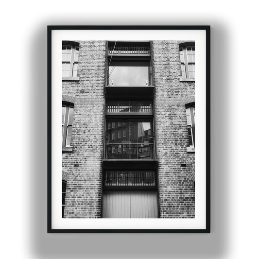 Industrial Brick Warehouse Facade Black and White Print