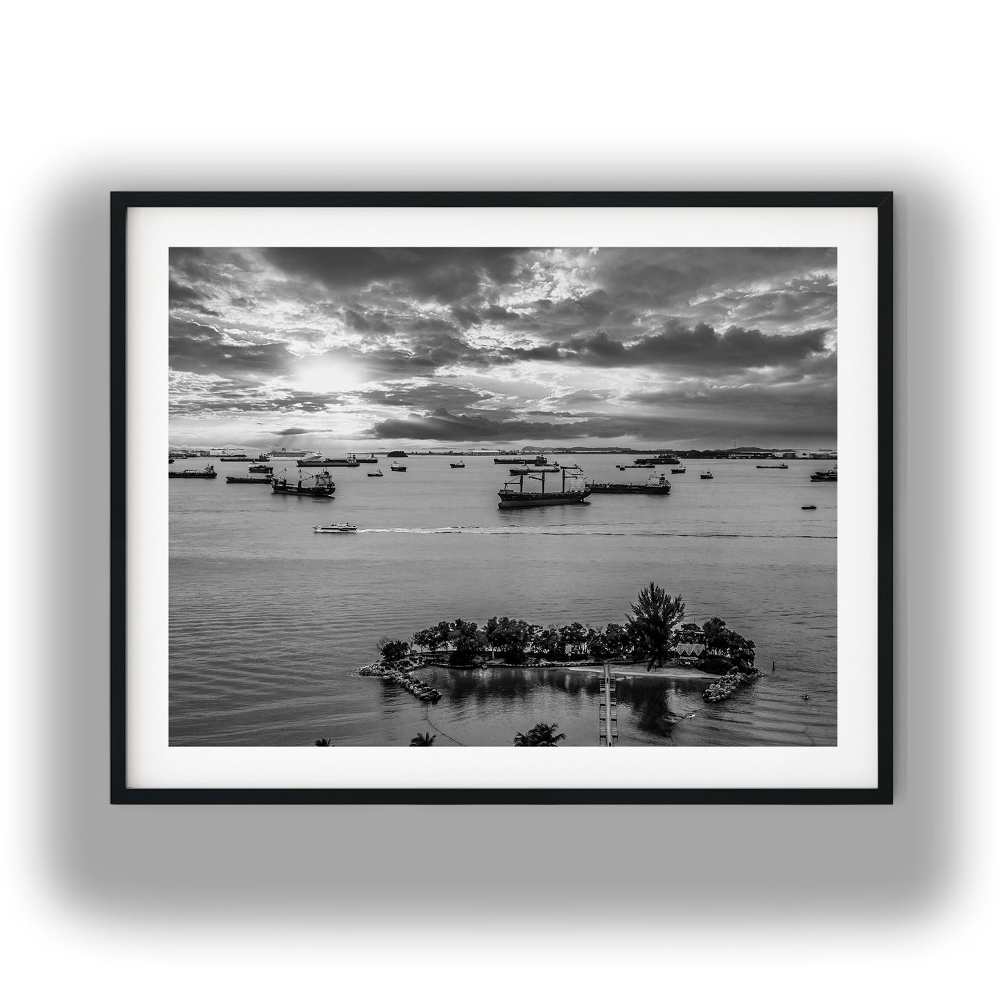 Sentosa Island Cargo Ships Black and White Print