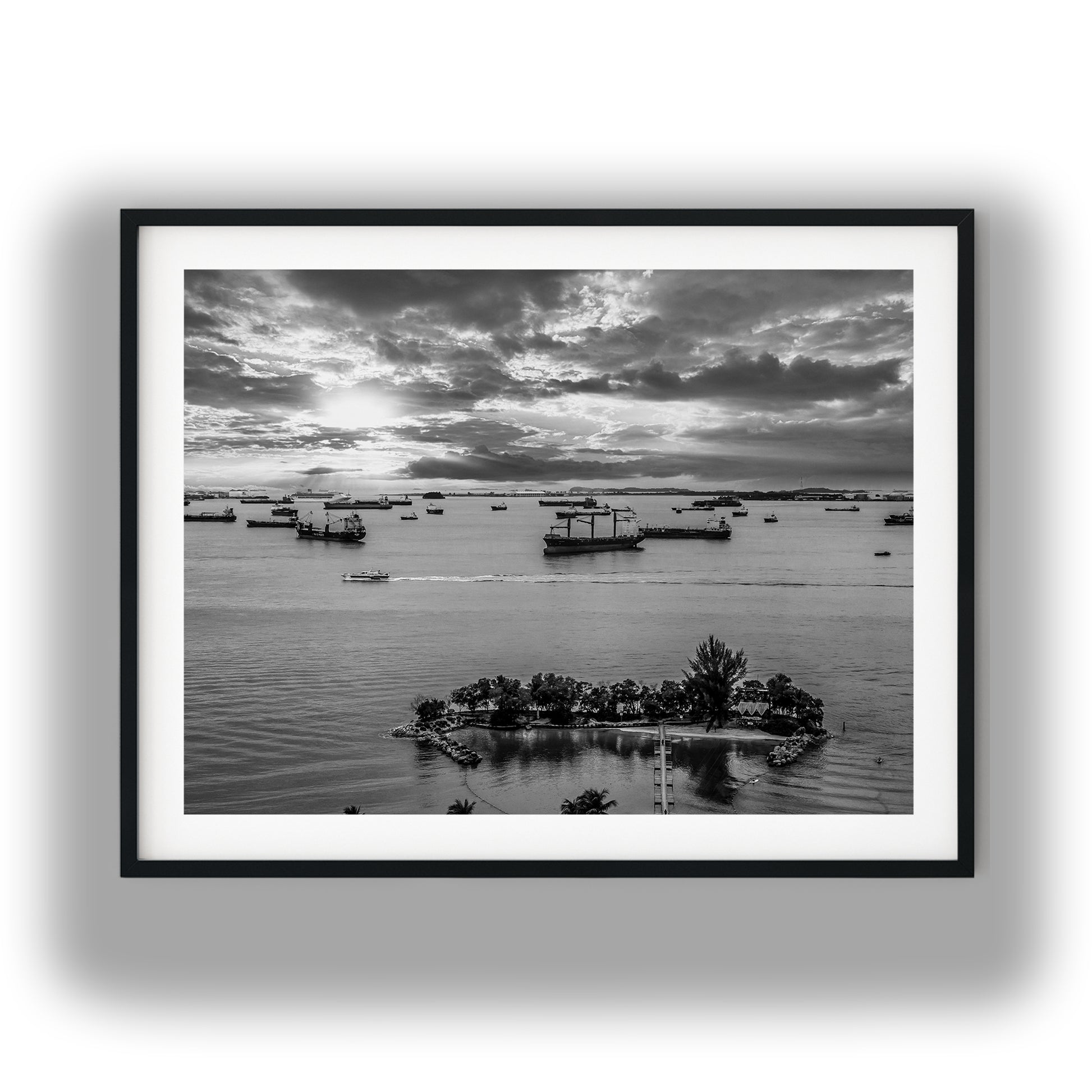 Sentosa Island Cargo Ships Black and White Print