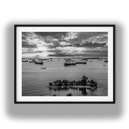 Sentosa Island Cargo Ships Black and White Print