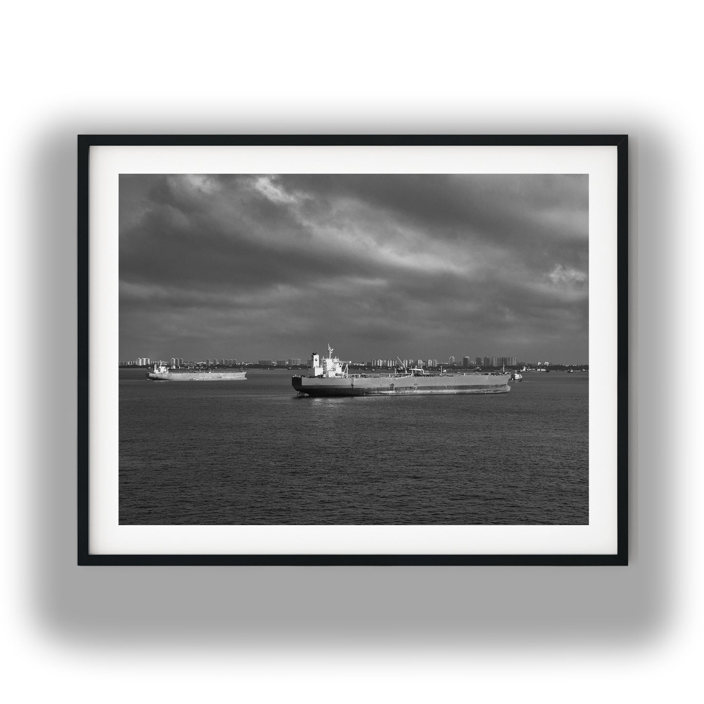 Ships In Singapore Harbour Black and White Print