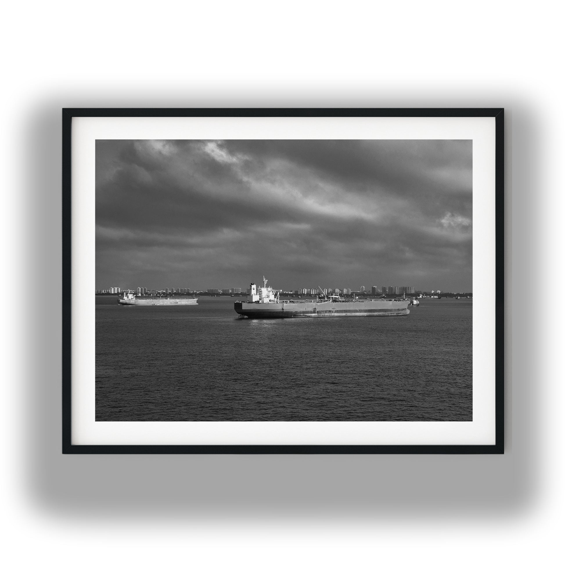 Ships In Singapore Harbour Black and White Print