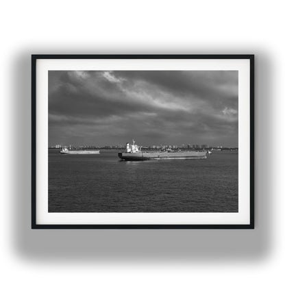 Ships In Singapore Harbour Black and White Print