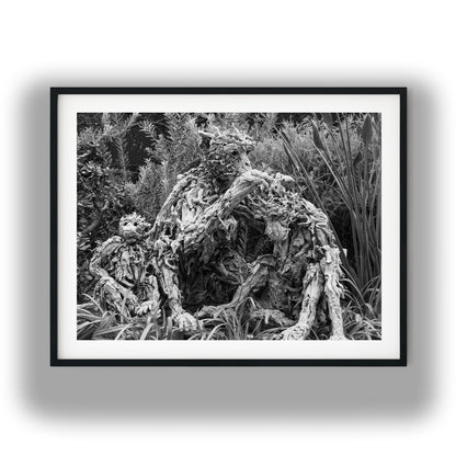Driftwood Monkey Family Sculptures Black and White Print