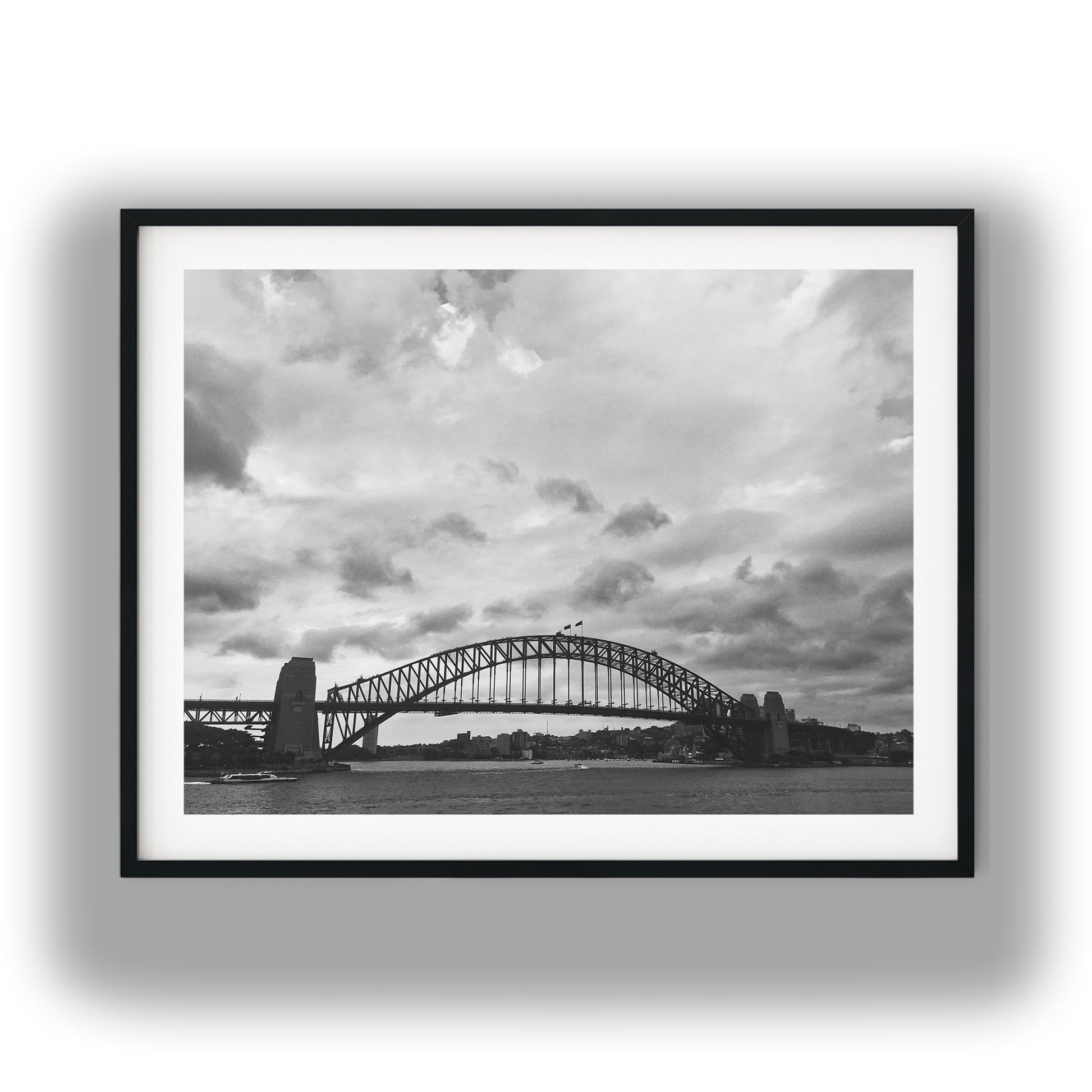 Sydney Harbour Bridge Under Dramatic Sky Black and White Print