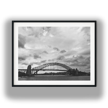 Sydney Harbour Bridge Under Dramatic Sky Black and White Print
