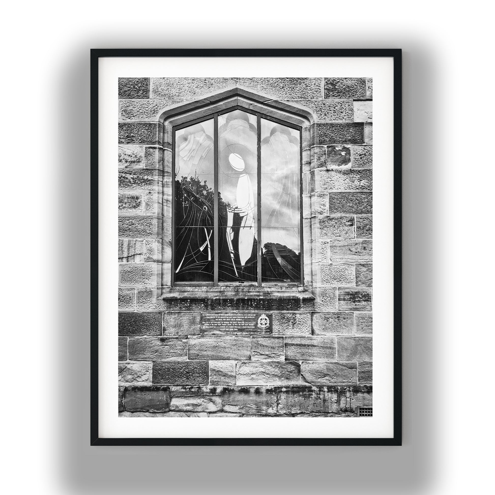 Memorial Stained Glass Window in Sandstone Black and White Print