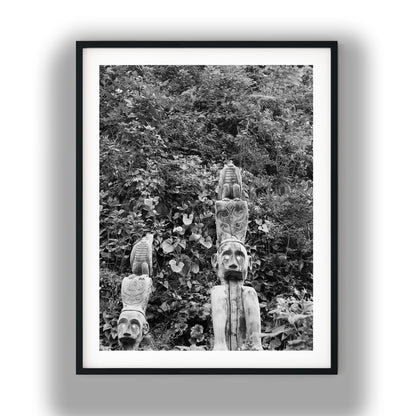 Carved Wooden Totem Poles in Lush Foliage Black and White Print