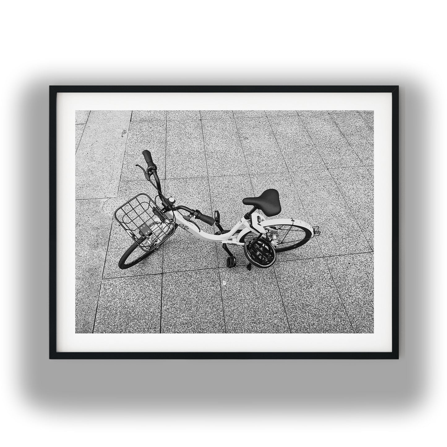 Rideshare Bicycle Overhead Black and White Print