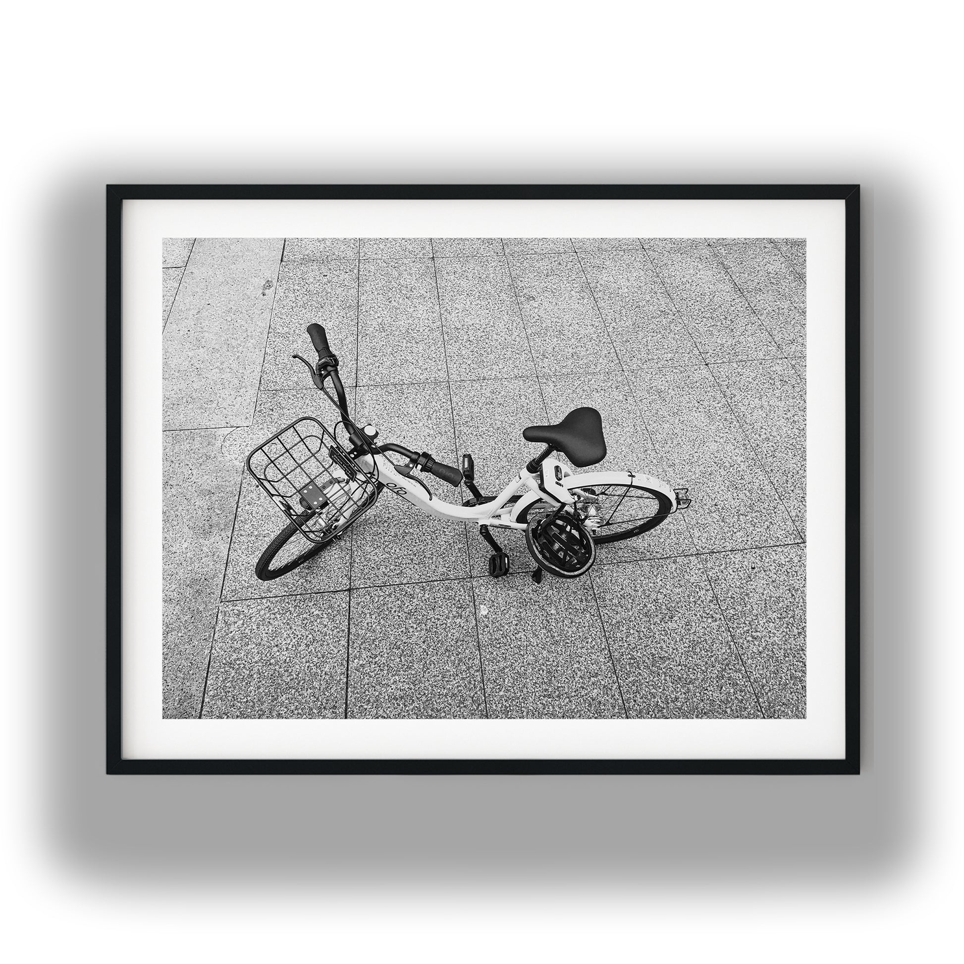 Rideshare Bicycle Overhead Black and White Print