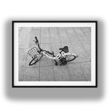 Rideshare Bicycle Overhead Black and White Print