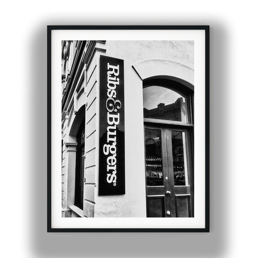Ribs and Burgers Storefront Black and White Print