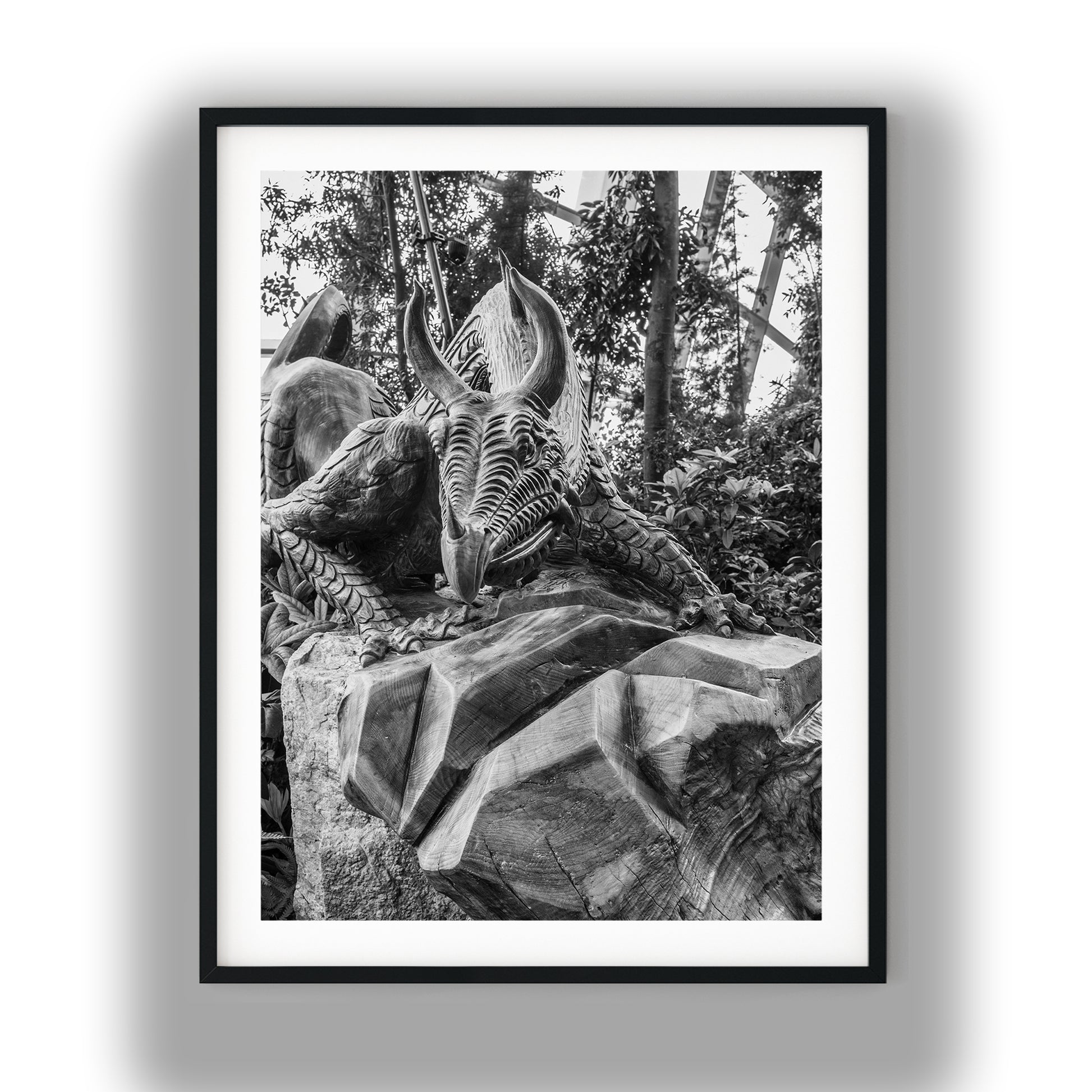 Carved Wooden Dragon Sculpture Black and White Print