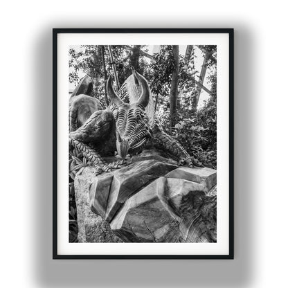 Carved Wooden Dragon Sculpture Black and White Print