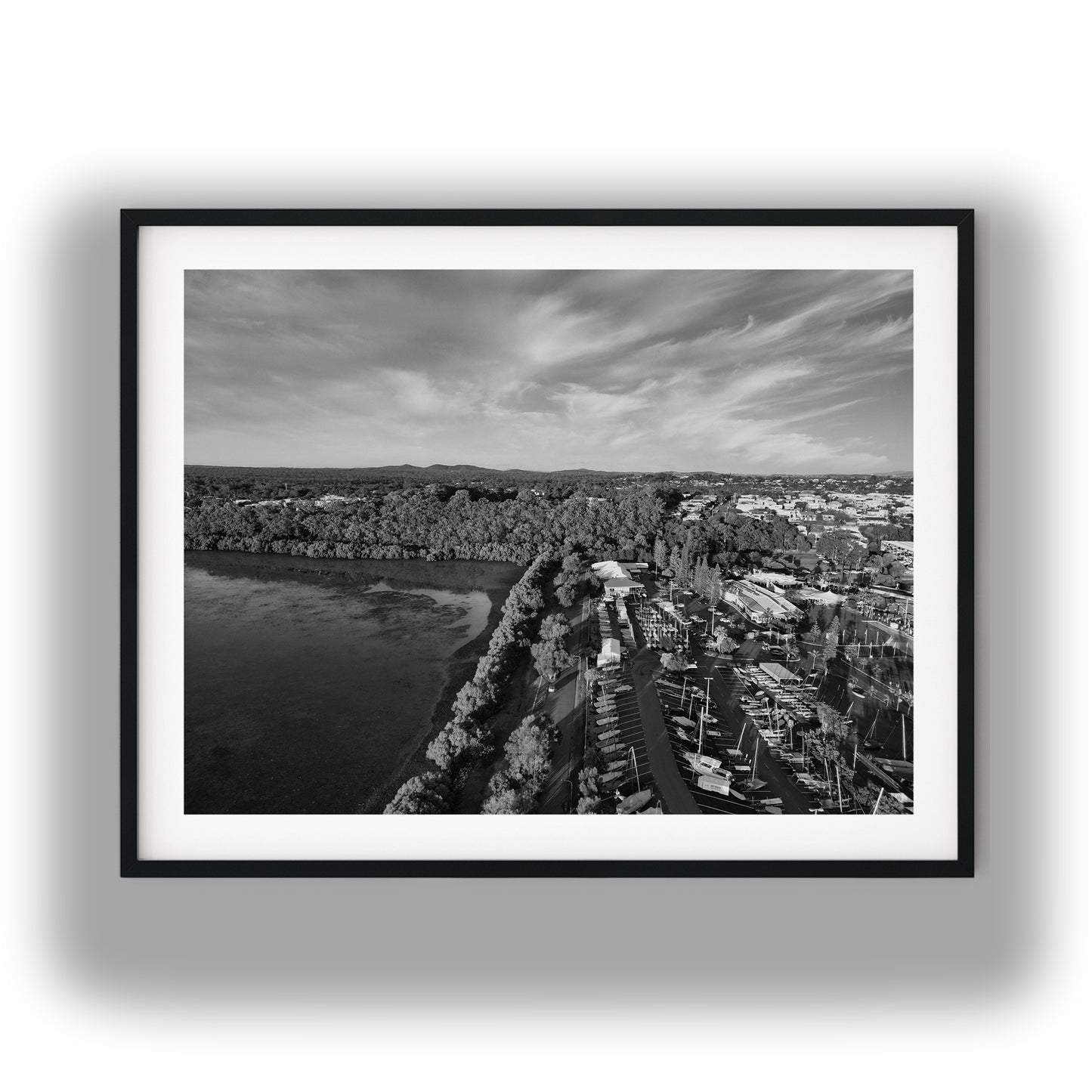 Inspiration Point Aerial Harbor View Manly Brisbane Black and White Print