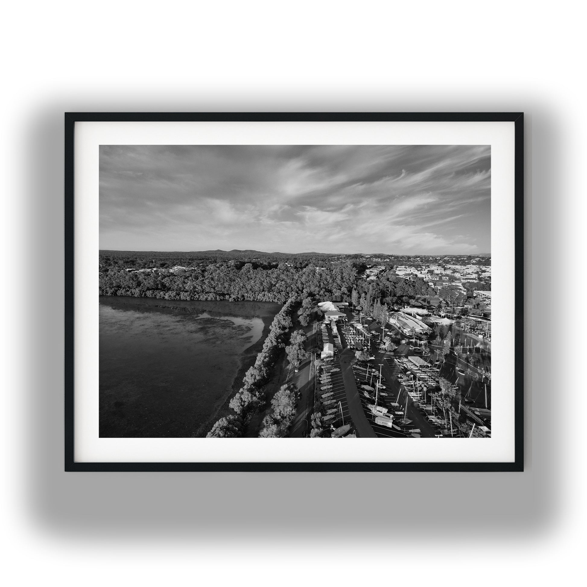 Inspiration Point Aerial Harbor View Manly Brisbane Black and White Print