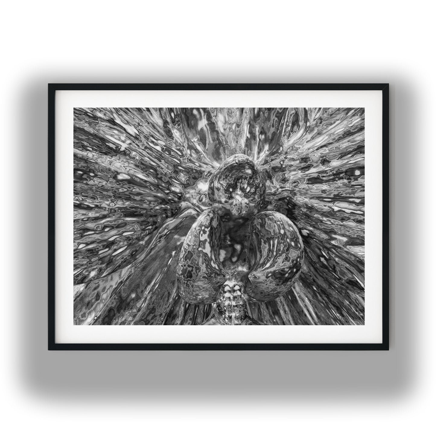 Abstract Metallic Orchid Bloom Black and White Print