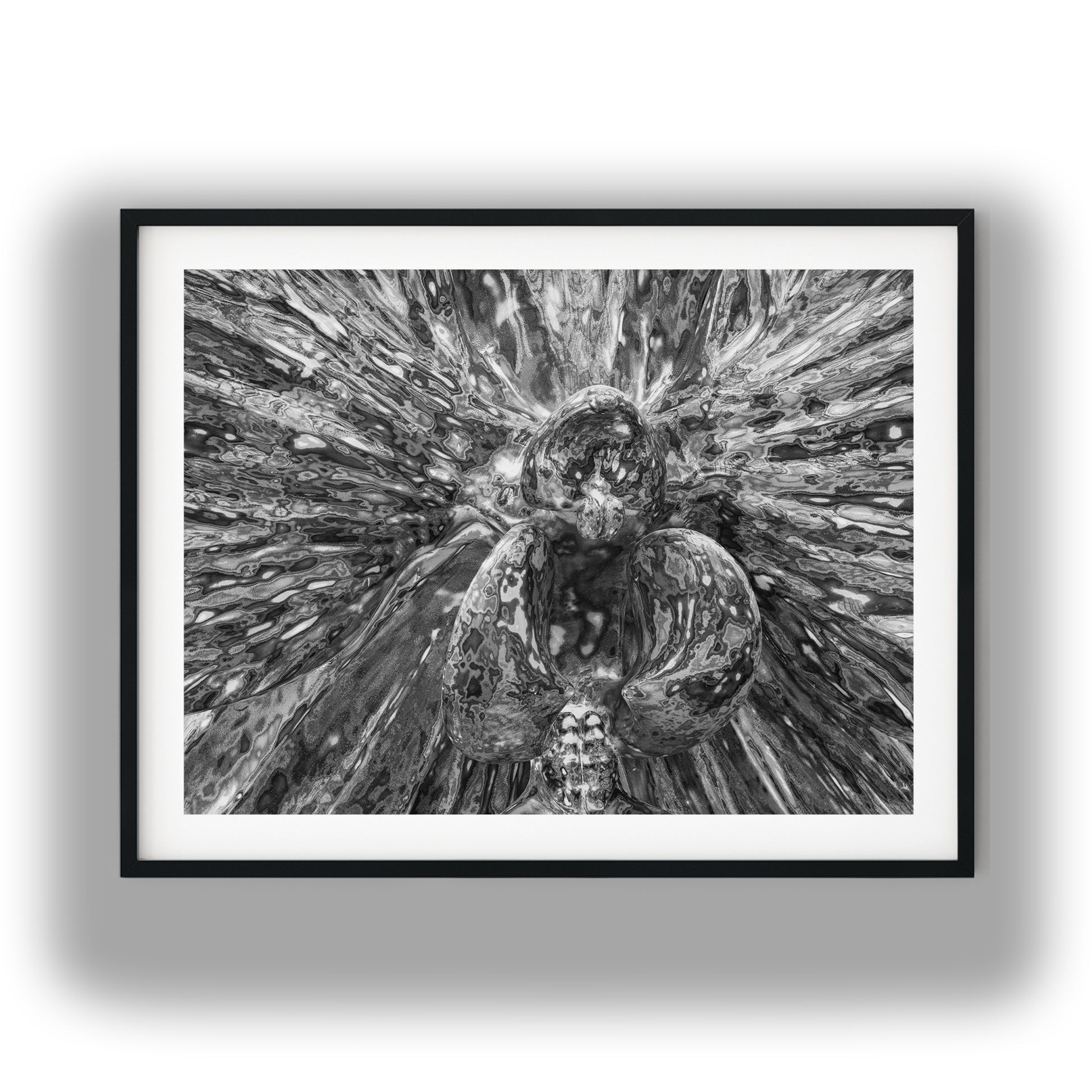 Abstract Metallic Orchid Bloom Black and White Print