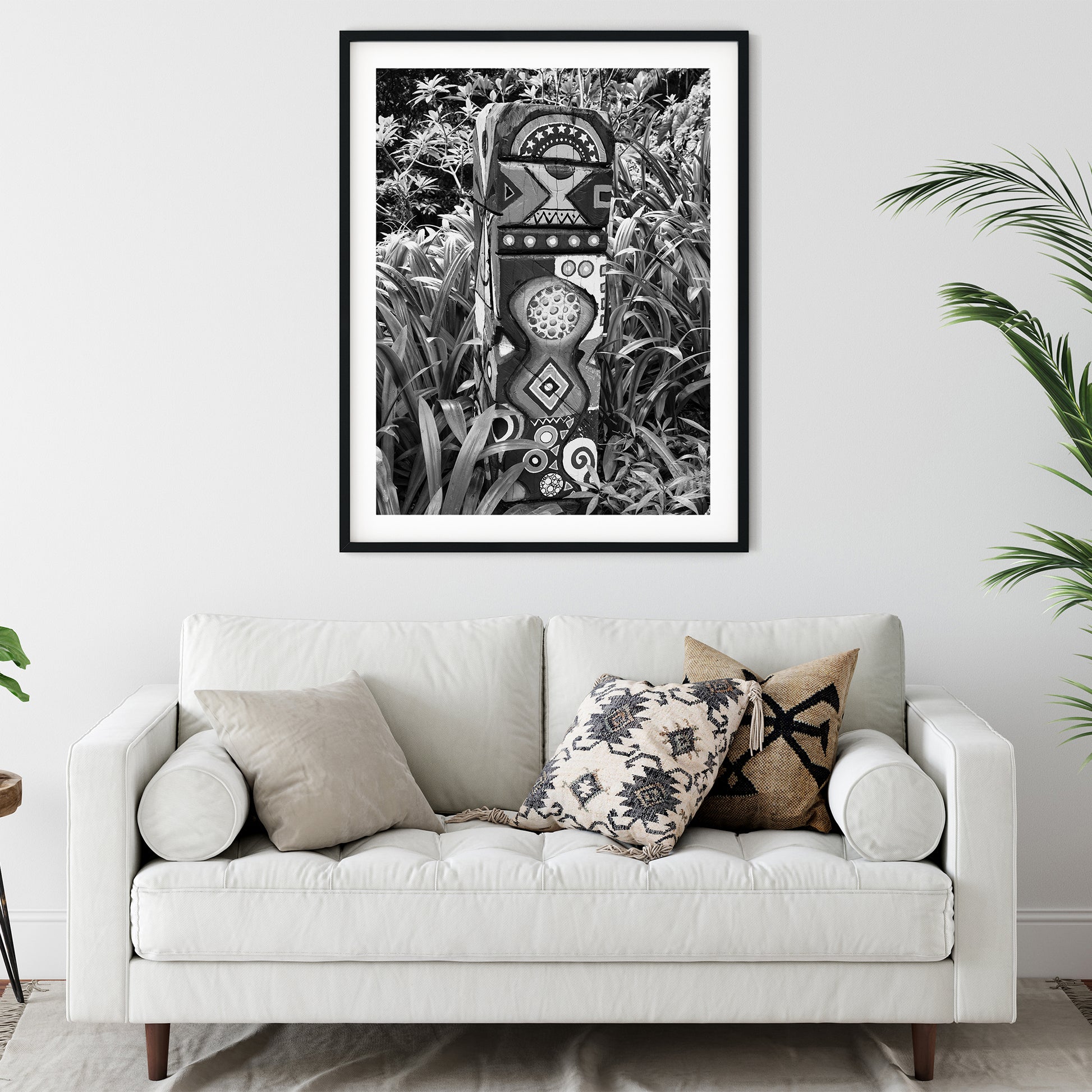 Painted Wooden Totem in Lush Garden Black and White Print