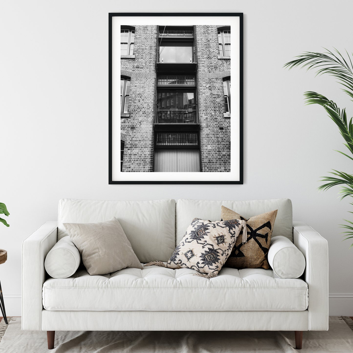 Industrial Brick Warehouse Facade Black and White Print