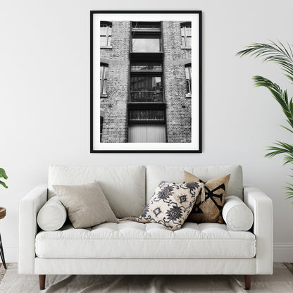 Industrial Brick Warehouse Facade Black and White Print