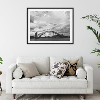 Sydney Harbour Bridge Under Dramatic Sky Black and White Print