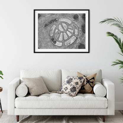 Aerial View of Circular Geometric Garden Beds Black and White Print