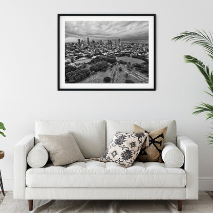 Aerial Brisbane City Skyline and New Farm Park Black and White Print